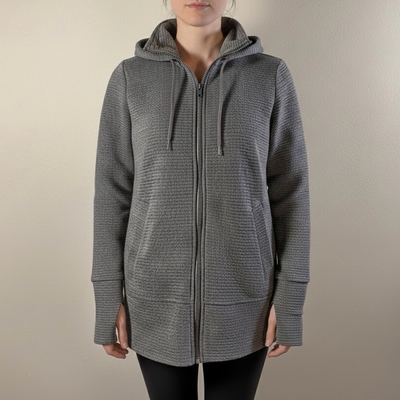 90 Degree By Reflex Tops - 90 Degree by Reflex Gray Textured Funnel Neck Full-Zip Hoodie Thumbholes Size M